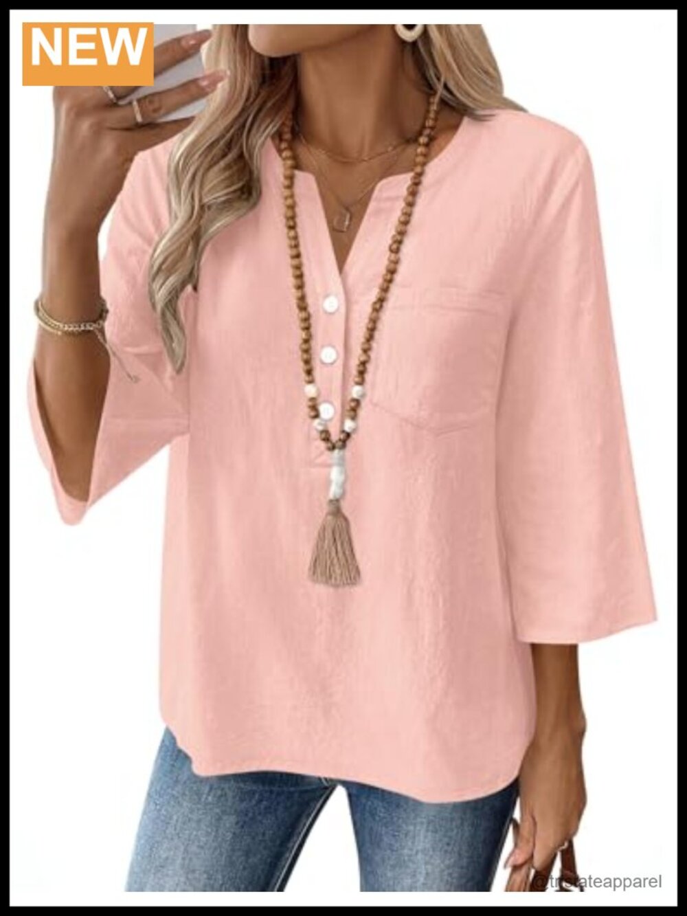 Women's Linen Cotton 3/4 Sleeve Loose Fit V-Neck Blouse Button Down